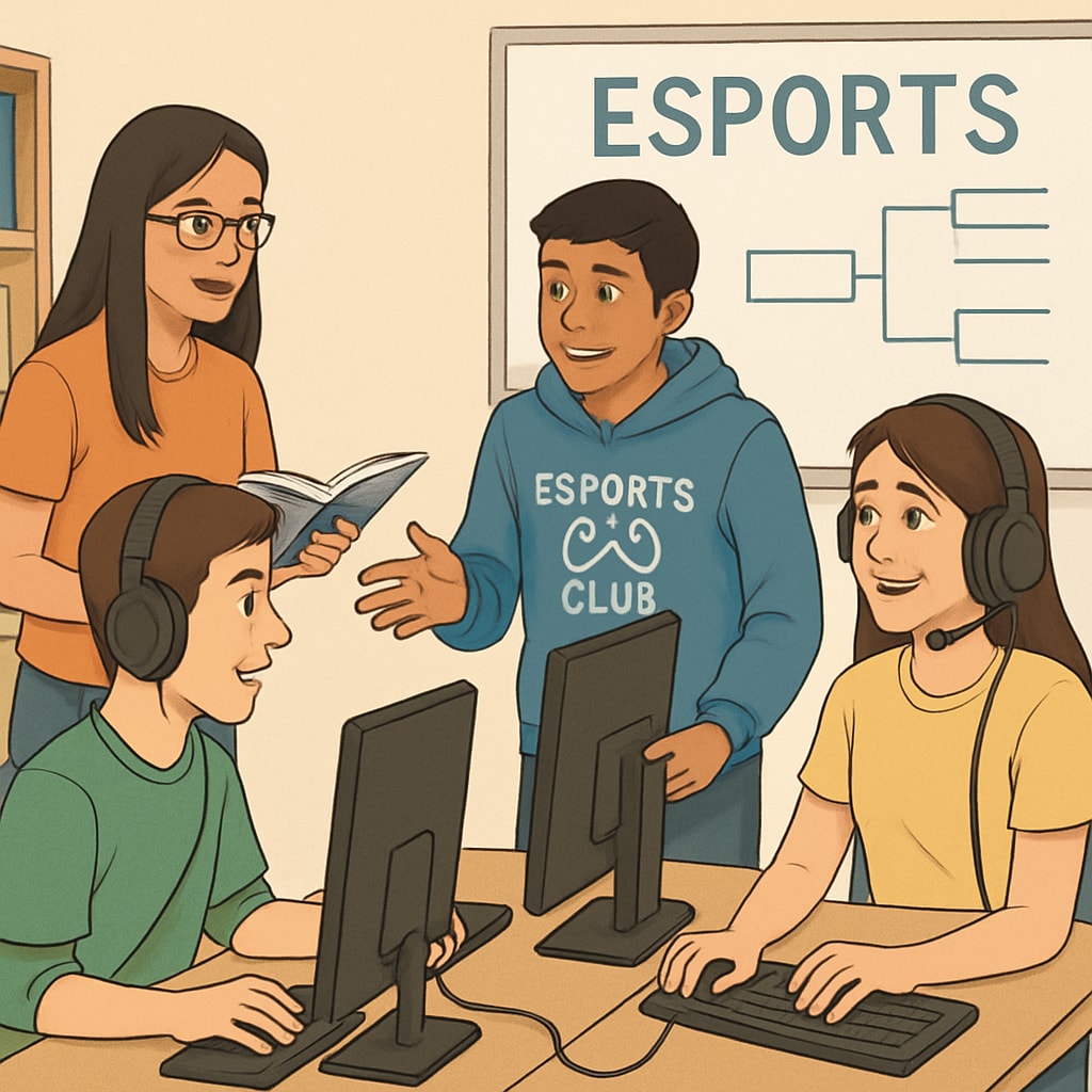 A group of diverse students collaborating in an esports gaming club, showcasing teamwork and learning in action. Students participating in an esports gaming club, demonstrating collaboration and learning.