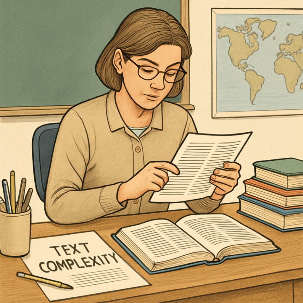 A teacher analyzing reading materials to assess text complexity in a classroom.