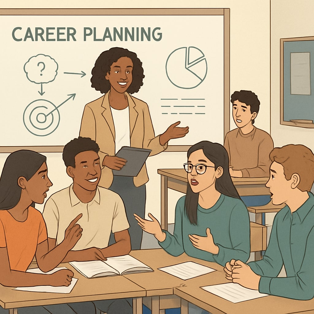Career planning workshop with diverse students discussing their professional goals.