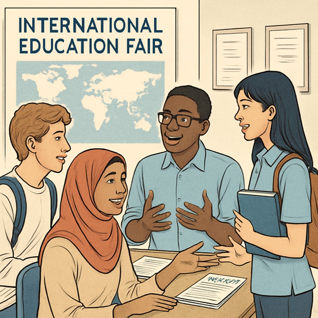 International education fair with students sharing career goals and ideas.