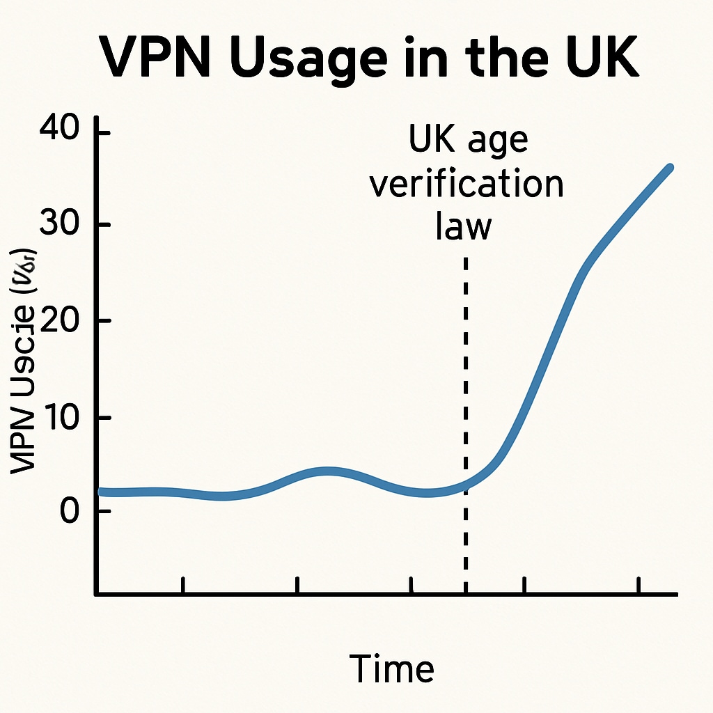 A chart showing the increase in VPN usage in the UK since the implementation of the UK age verification law. The chart should visually depict statistical data trends over time. Increase in VPN usage in the UK after the age verification law implementation