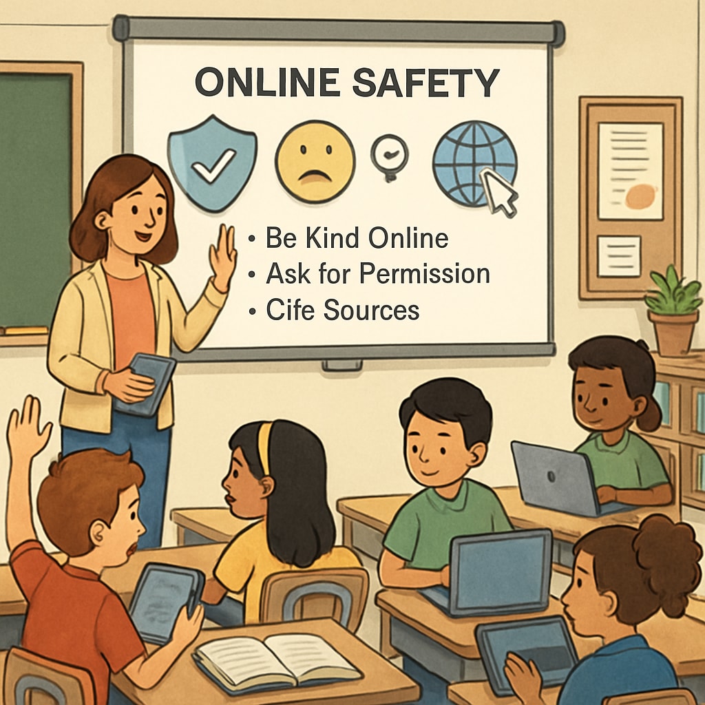 A classroom setting with students actively engaging in a digital literacy lesson, focusing on online safety and ethical internet use. Students learning about digital literacy and online safety in a classroom