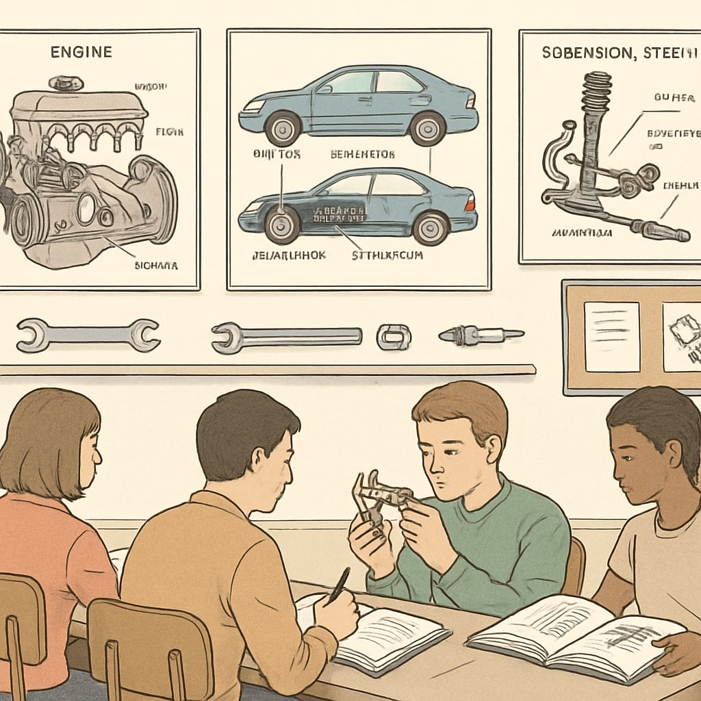 Students learning automotive engineering in a classroom environment.