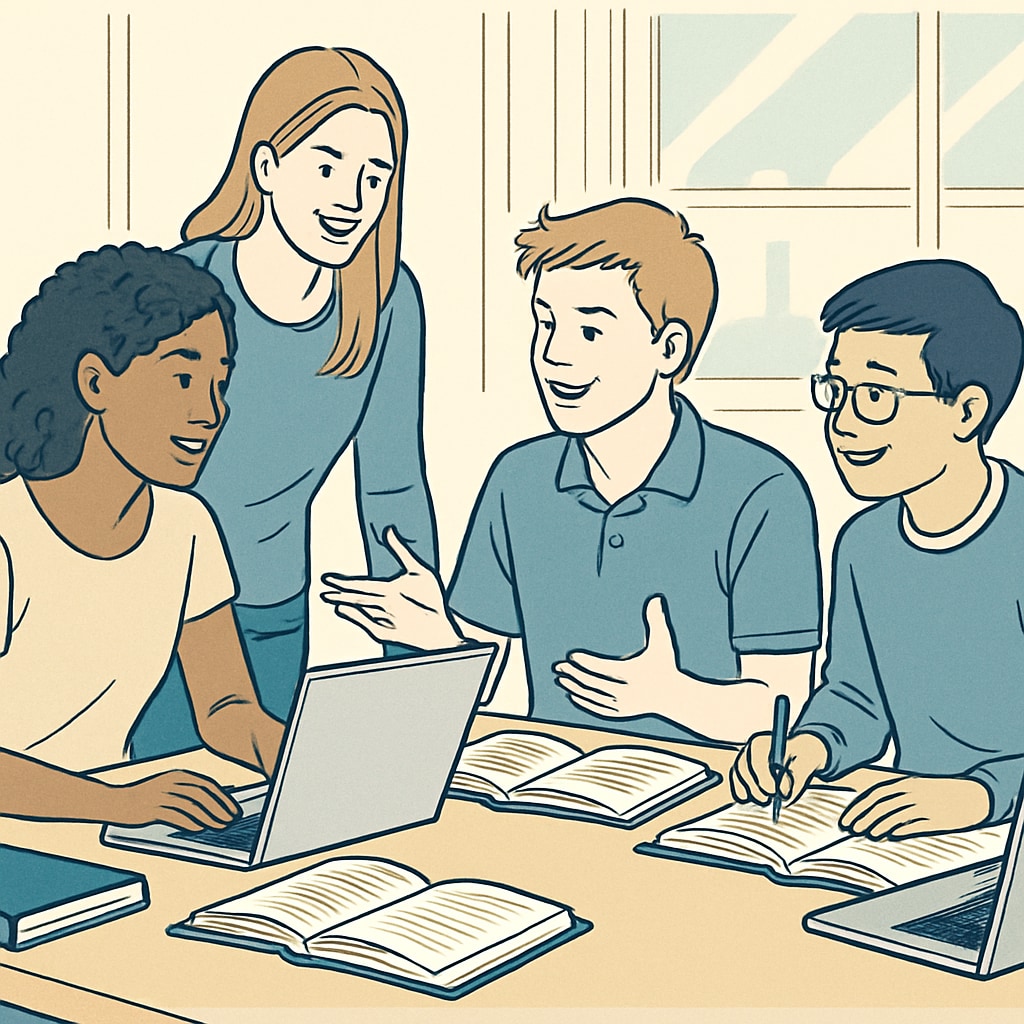 University students in a study group at Houston University discussing K12 education topics.