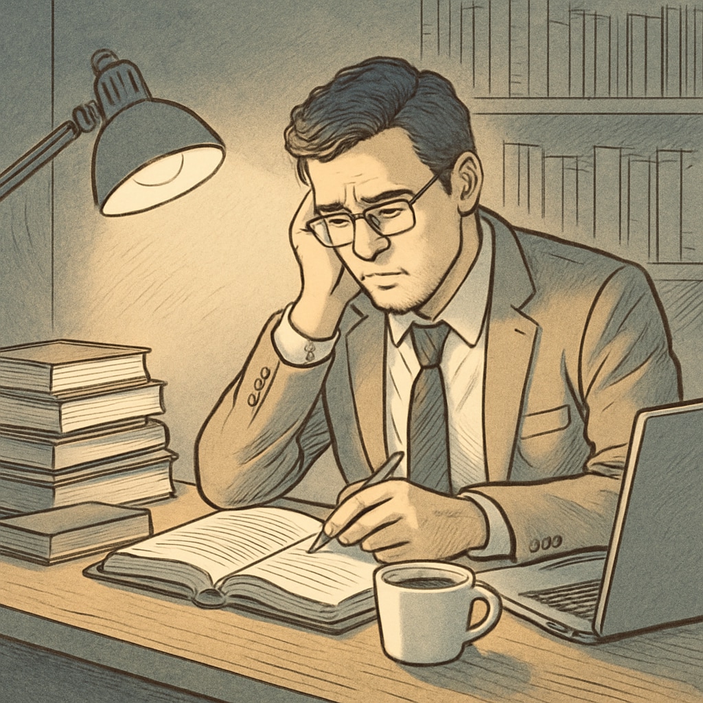 A 30-something professional studying at night, representing time management challenges.
