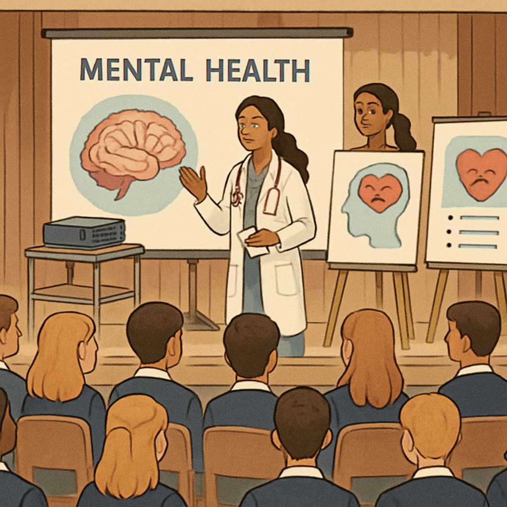 High school students listening during a mental health awareness assembly led by medical students.
