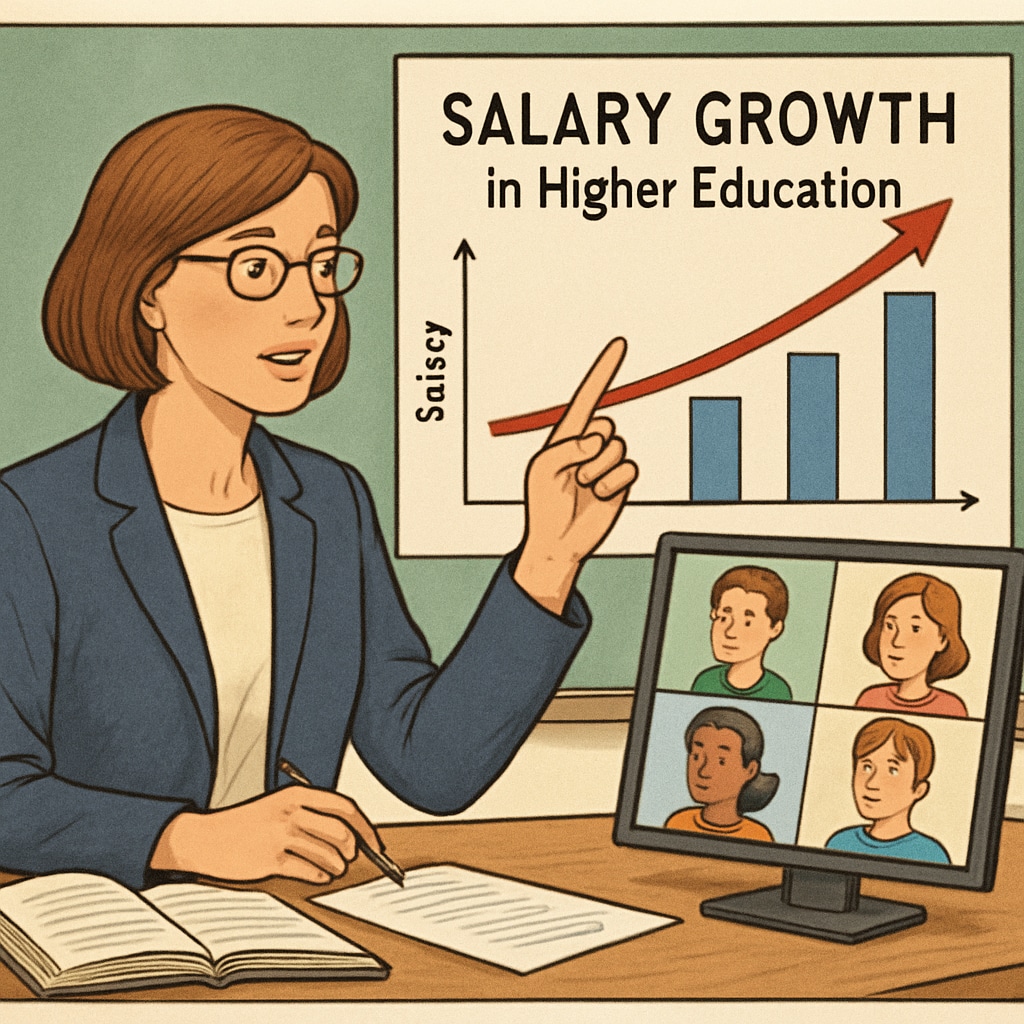 A professional remote educator teaching students online, representing salary growth in higher education. Remote educator teaching online, illustrating salary growth in higher education.