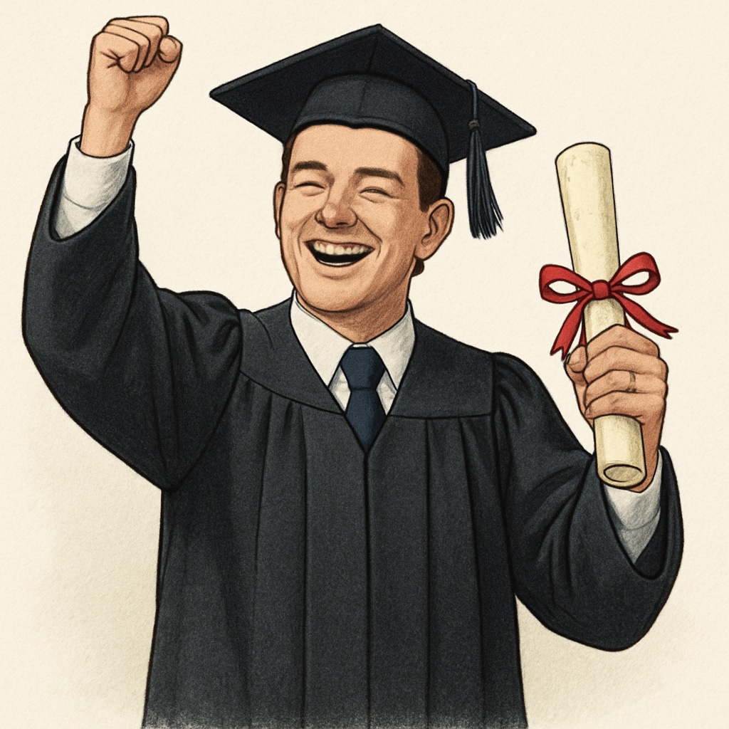 A professional in their 30s holding a diploma, symbolizing the reward of balancing work and study.