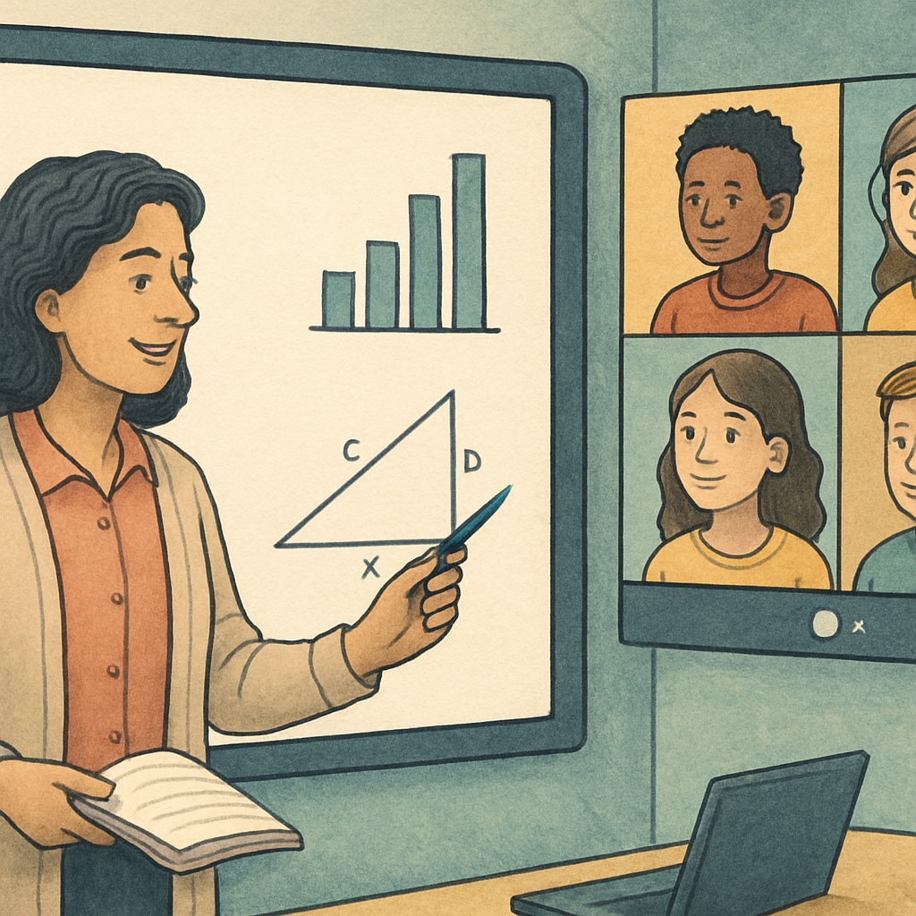 A K12 educator using an interactive whiteboard in a virtual classroom, showcasing the potential of remote work in education. K12 teacher conducting a virtual class, highlighting remote work opportunities in education.