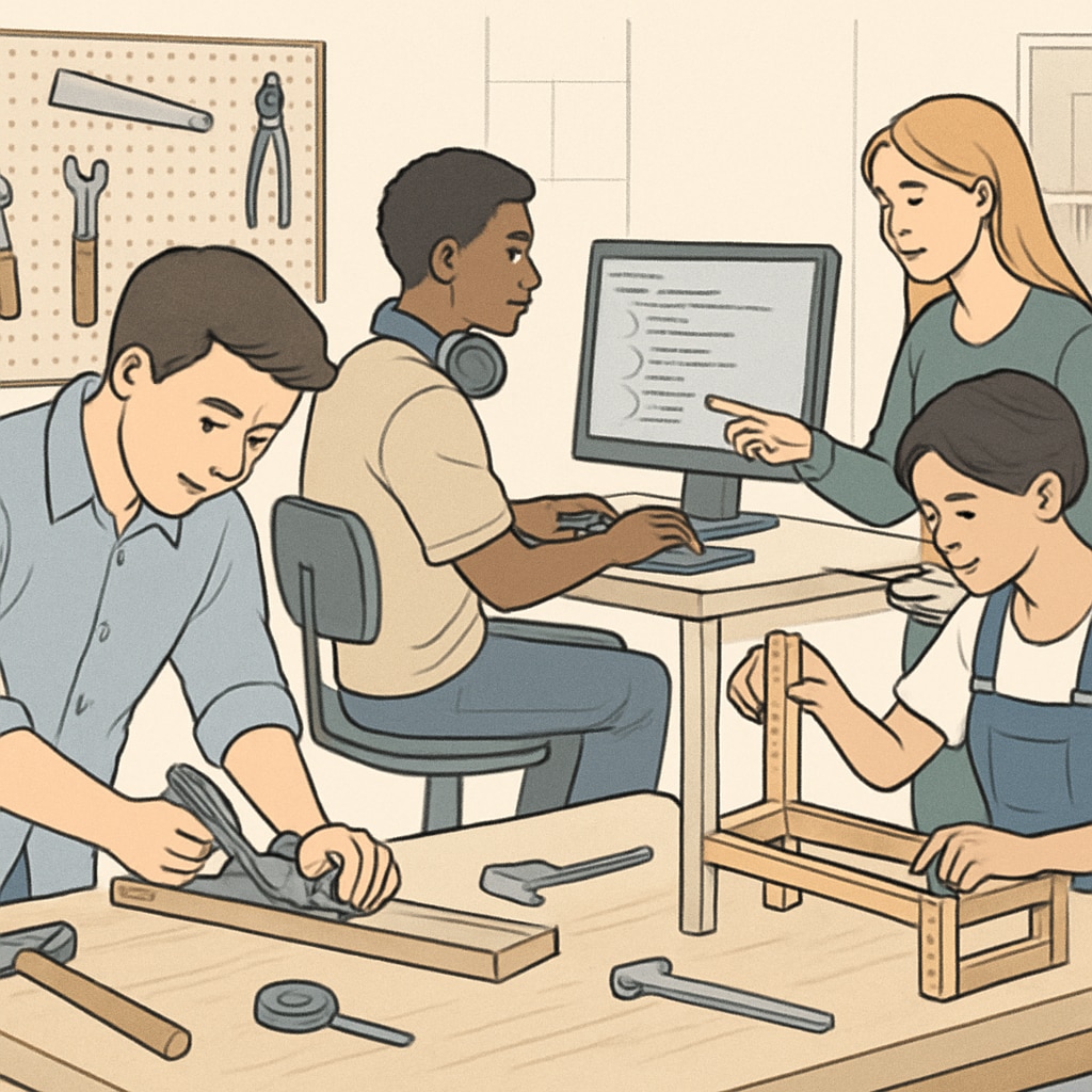 A group of young adults participating in a vocational training workshop, working on practical tasks such as carpentry or coding. Young adults in a vocational training workshop, learning practical skills.