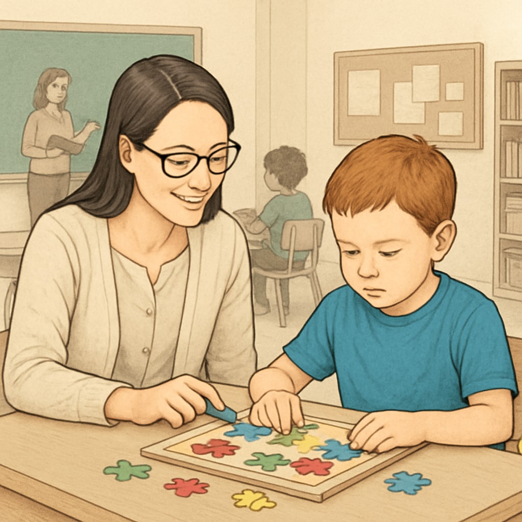 A classroom setting with a teaching assistant helping a young child with autism complete a puzzle. Teaching assistant working with a child with autism on a puzzle in a classroom.