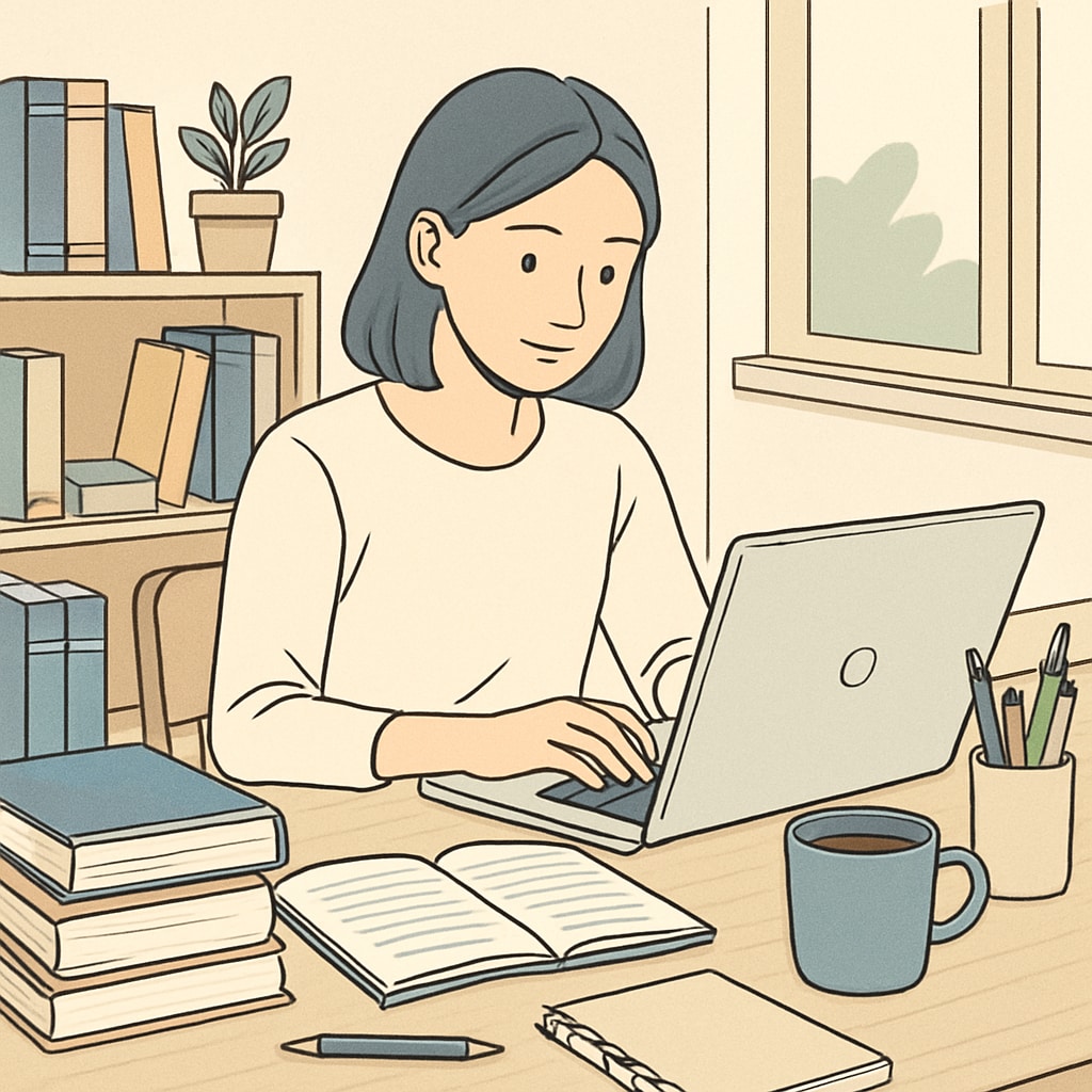 A young woman studying on a laptop at home, with educational materials and a cup of coffee on the table. Young woman engaging in remote learning at home using a laptop.