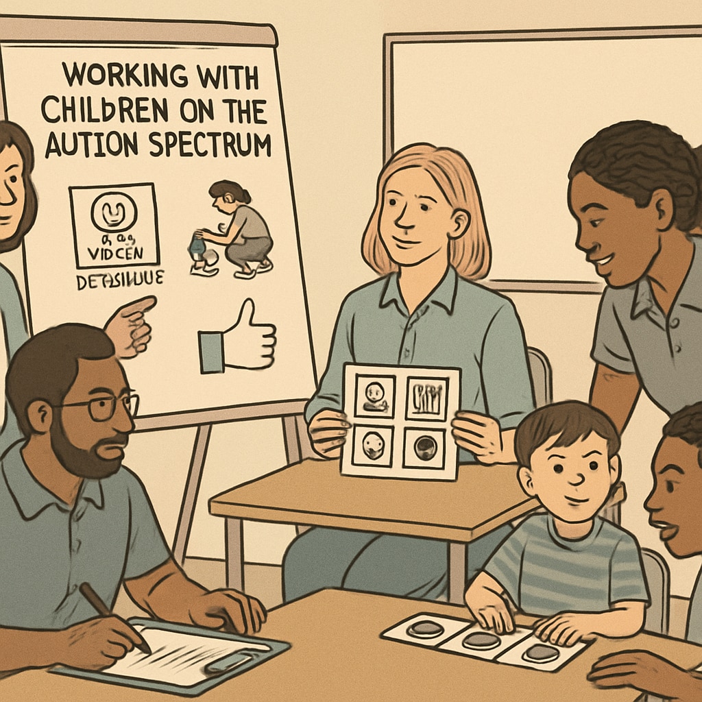 A professional development workshop where participants are learning techniques for working with children on the autism spectrum. Educators attending a workshop on autism teaching strategies.
