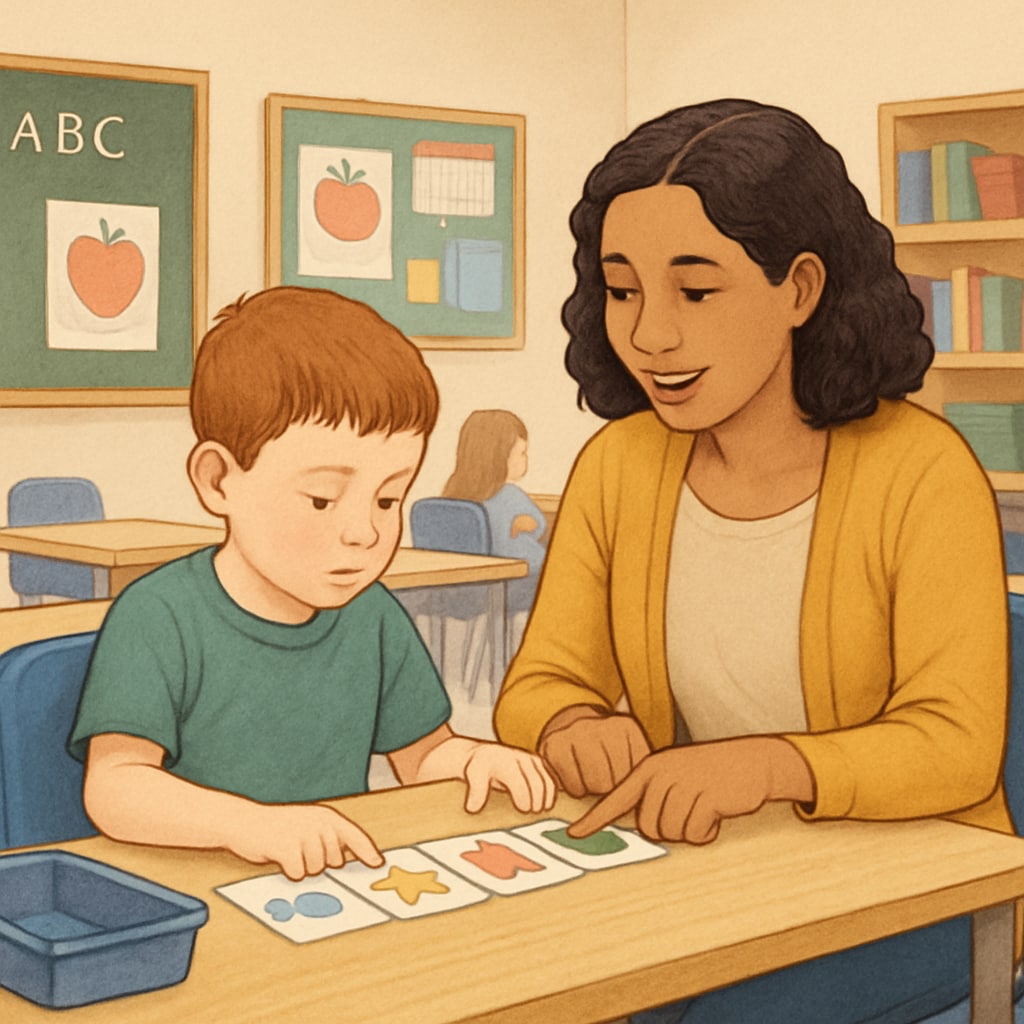 Teacher assistant supporting a child on the autism spectrum in a classroom environment.