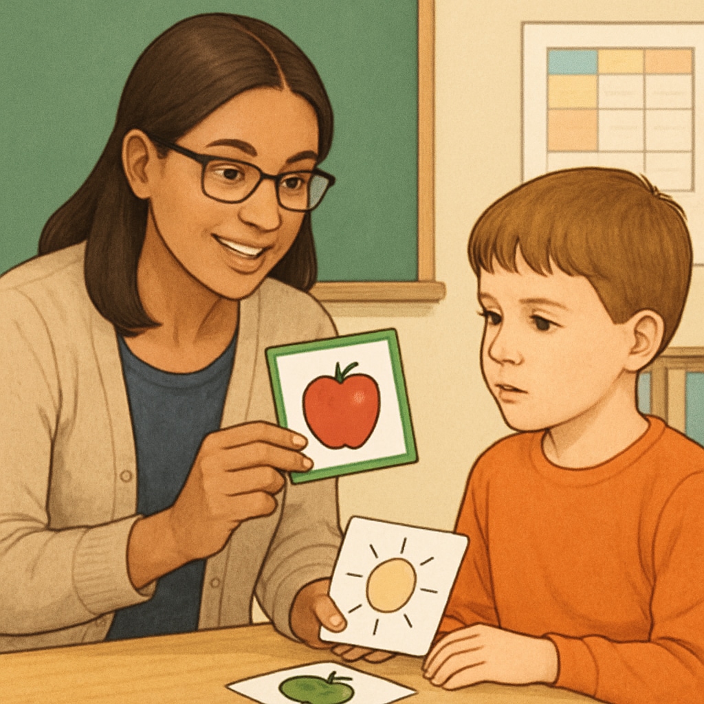Teacher assistant engaging with a child on the autism spectrum using visual aids.