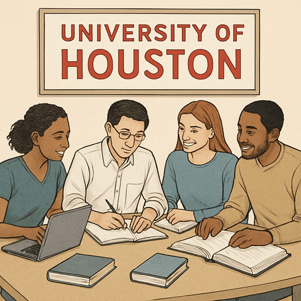 University of Houston students in a study group, collaborating with laptops and notes.