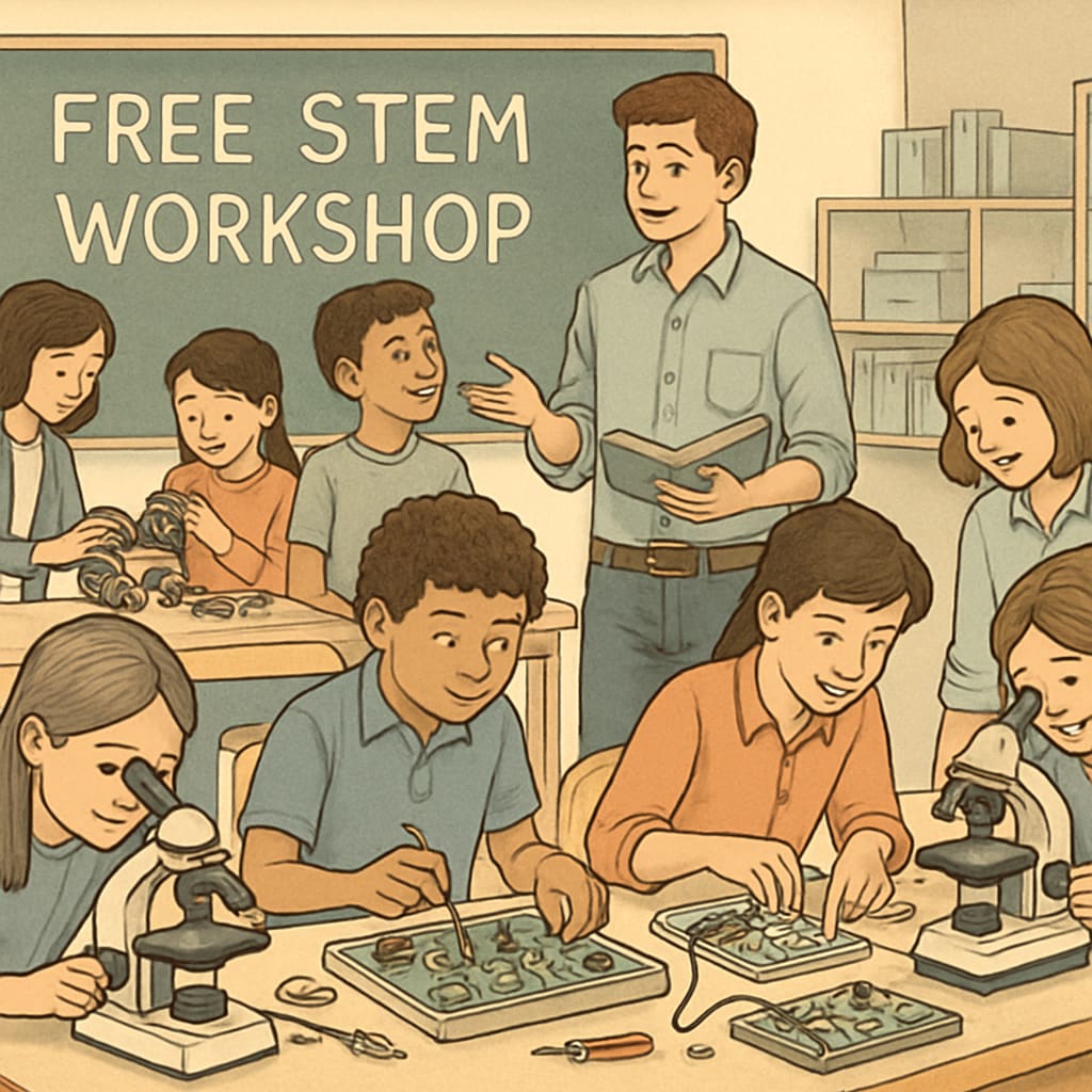 Students participating in hands-on learning activities at a STEM workshop.