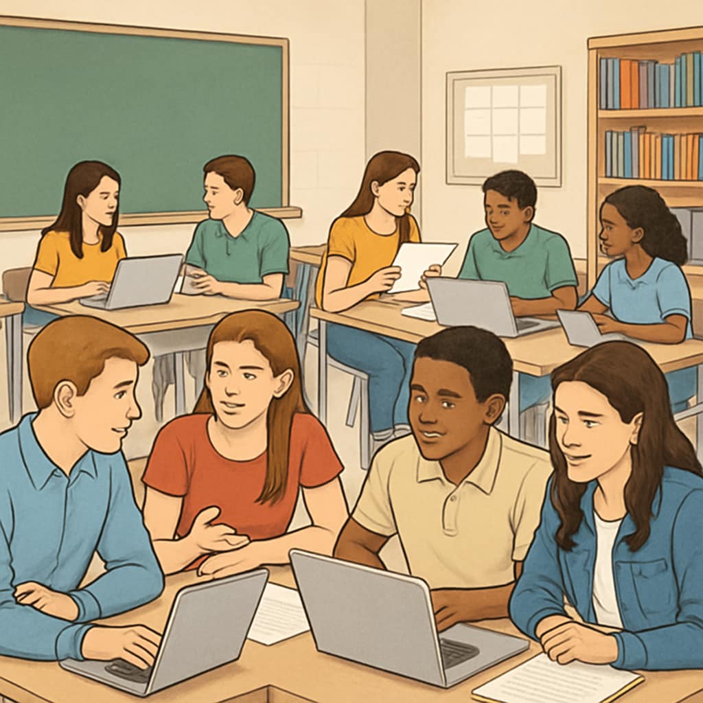 High school students in a classroom group study session, using laptops and notes.