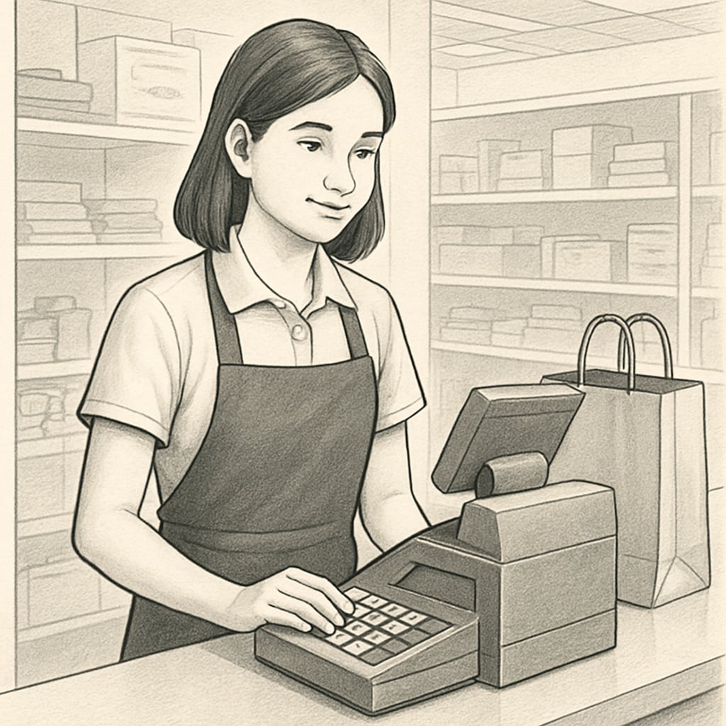 A high school student working at a cash register in a retail store, symbolizing financial independence and responsibility. High school student working a part-time job at a retail store.