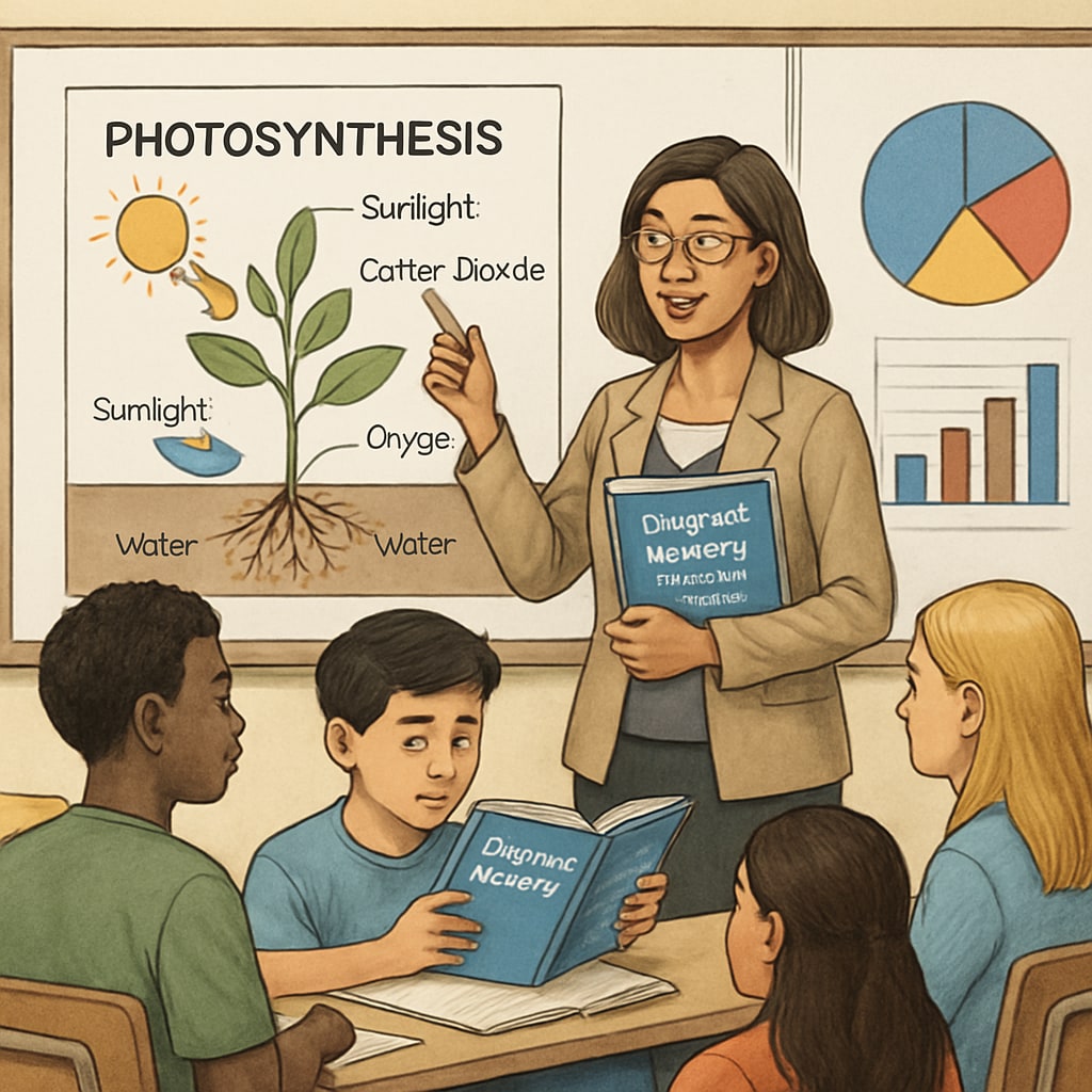 A teacher explaining science to English learners using bilingual glossaries and visual aids