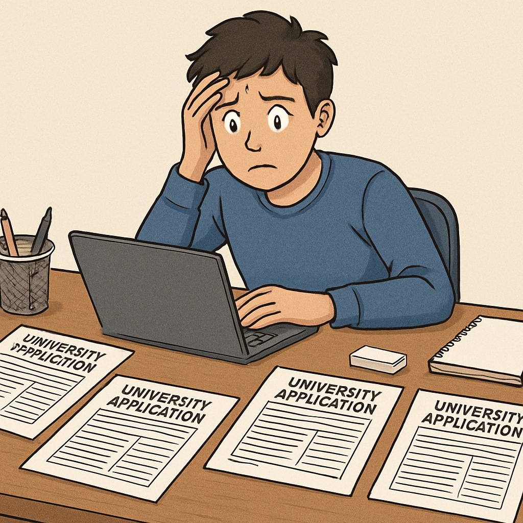 Overwhelmed student with university application forms and a laptop.