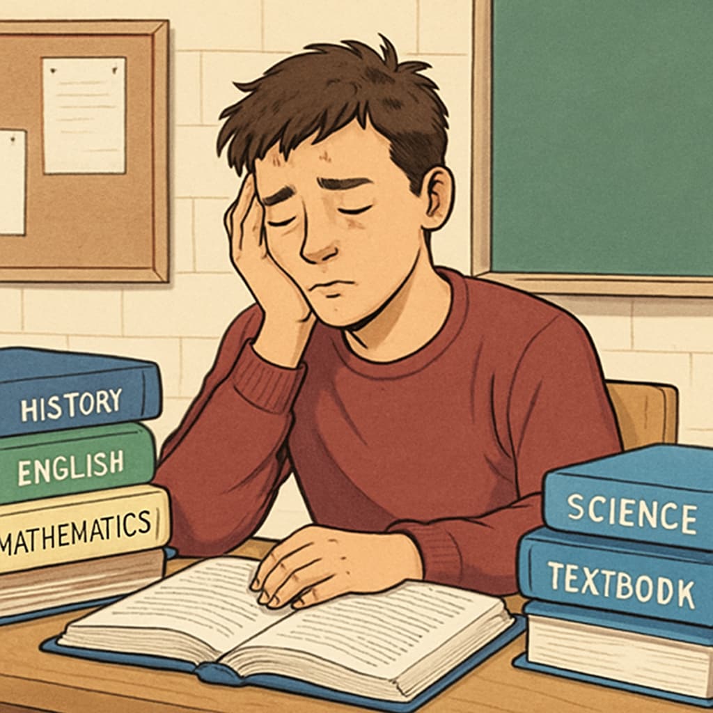 A student sitting at a desk, surrounded by textbooks, looking tired after a part-time shift. A tired student studying after a part-time job shift.