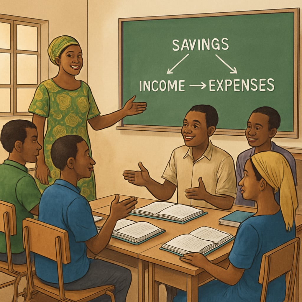 A classroom in Mali where students are engaged in a discussion about basic financial concepts. Students in Mali learning about financial literacy principles in a classroom setting.