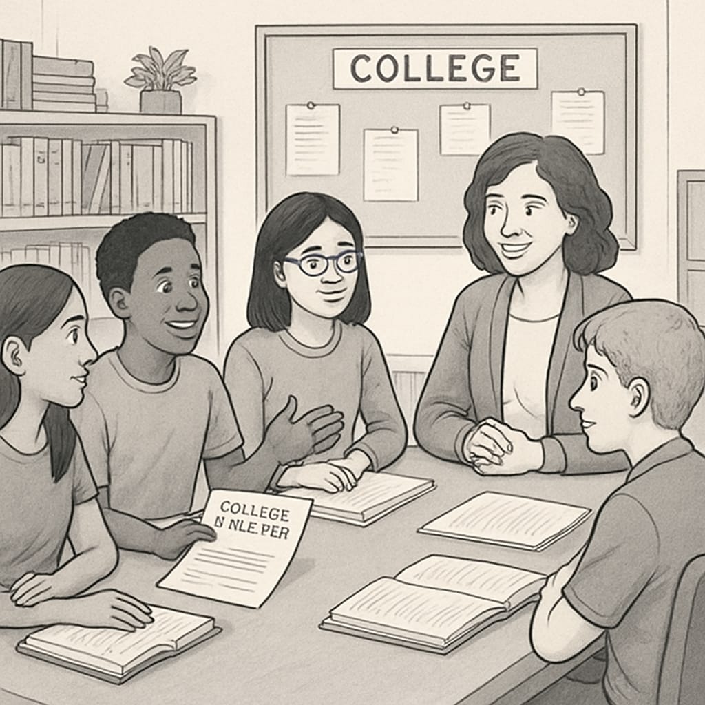 Diverse students consulting with a counselor about college applications.