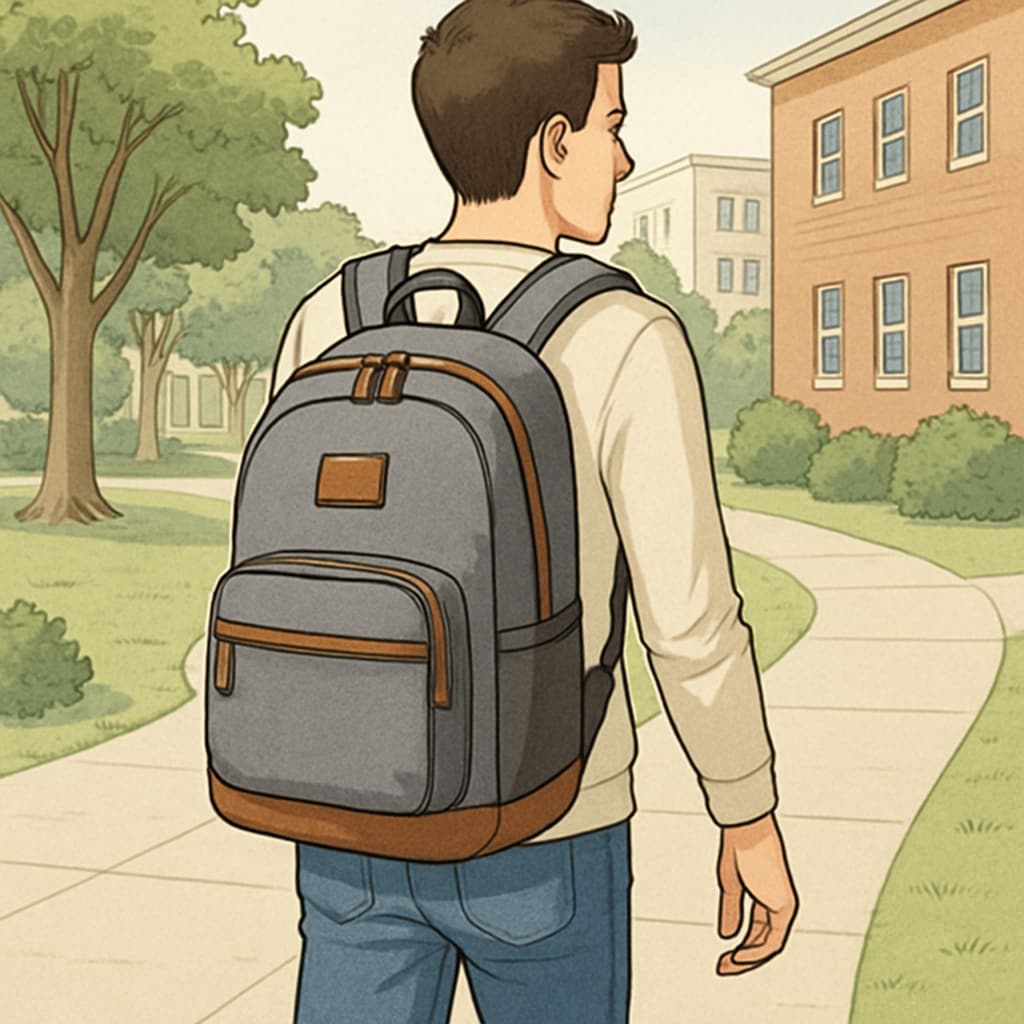A college student wearing a backpack while walking through campus. The image illustrates the importance of comfort and style in backpack choices. College student wearing a backpack on campus.