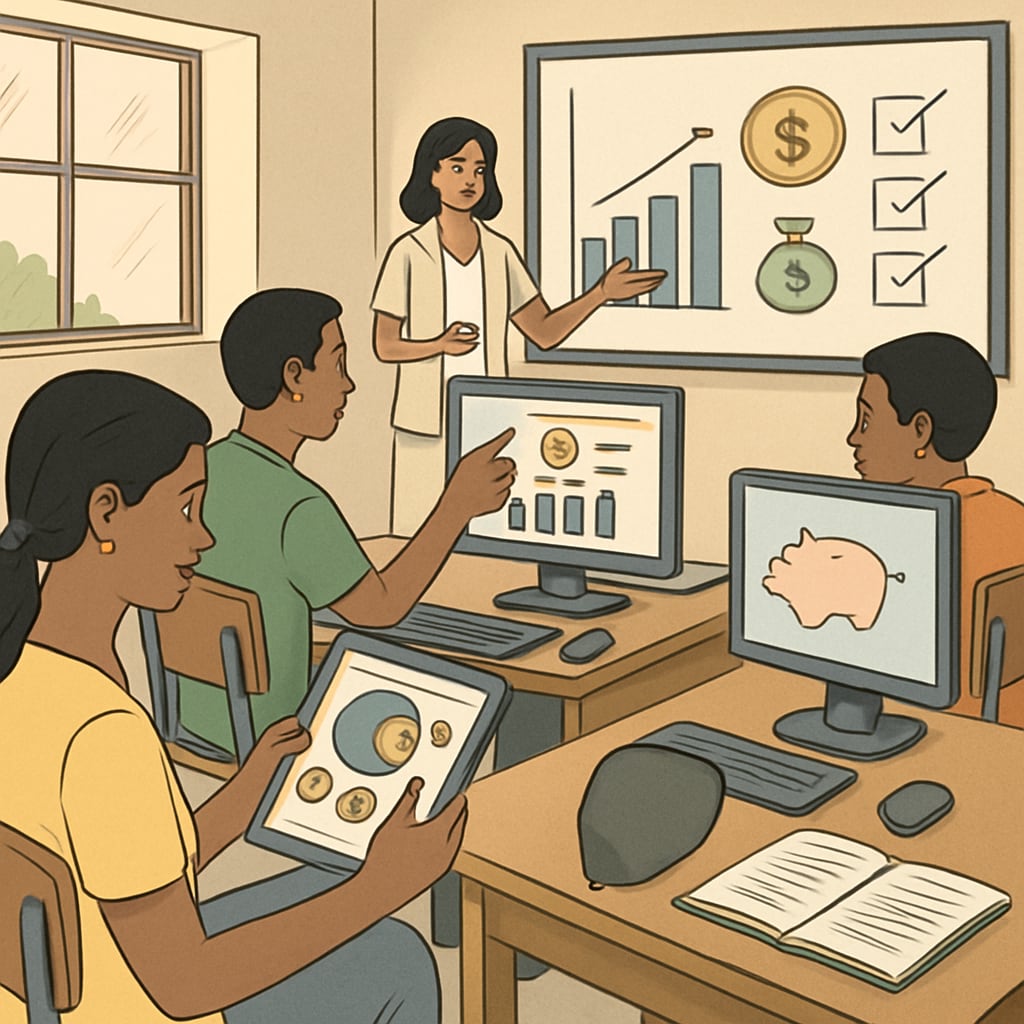 A workshop where students in a developing country learn financial literacy through interactive digital tools. Students in a developing country participating in a financial literacy workshop using digital resources.
