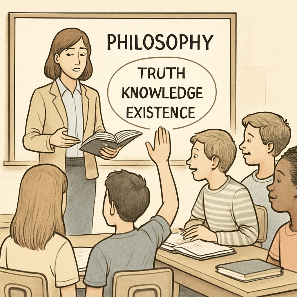 Students discussing philosophy concepts in a classroom setting.