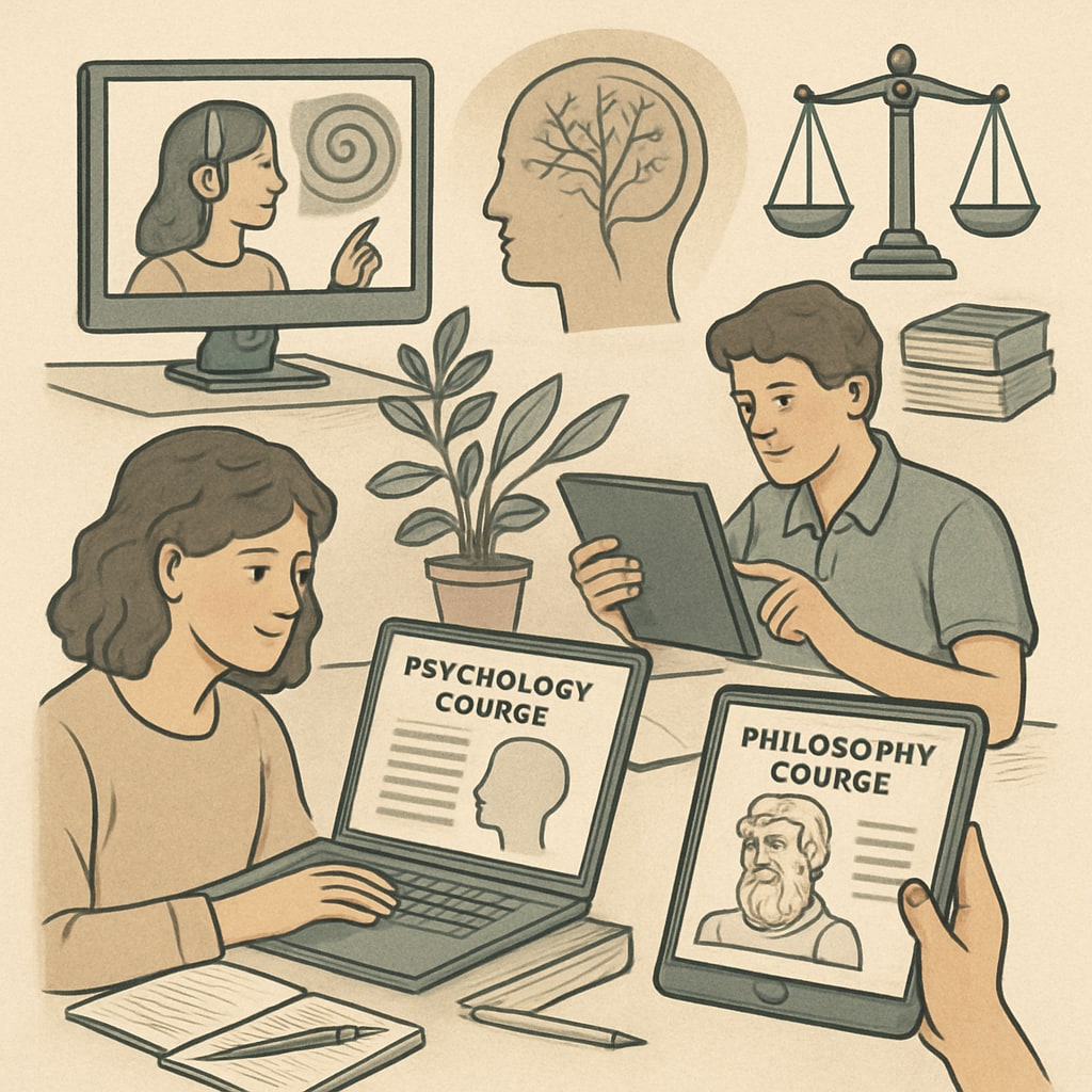 Students learning psychology and philosophy using online resources.