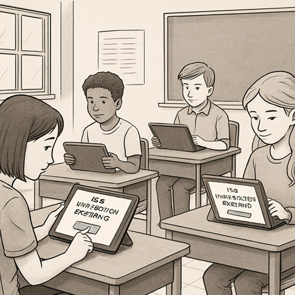 Classroom with students encountering age verification barriers on tablets.