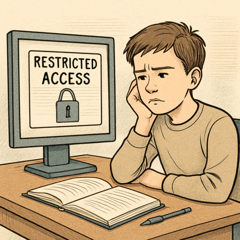 Frustrated student facing restricted access due to age verification laws.