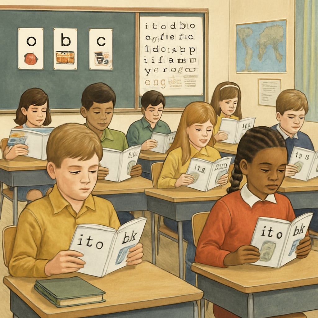 Students in a 1970s classroom studying the Initial Teaching Alphabet.