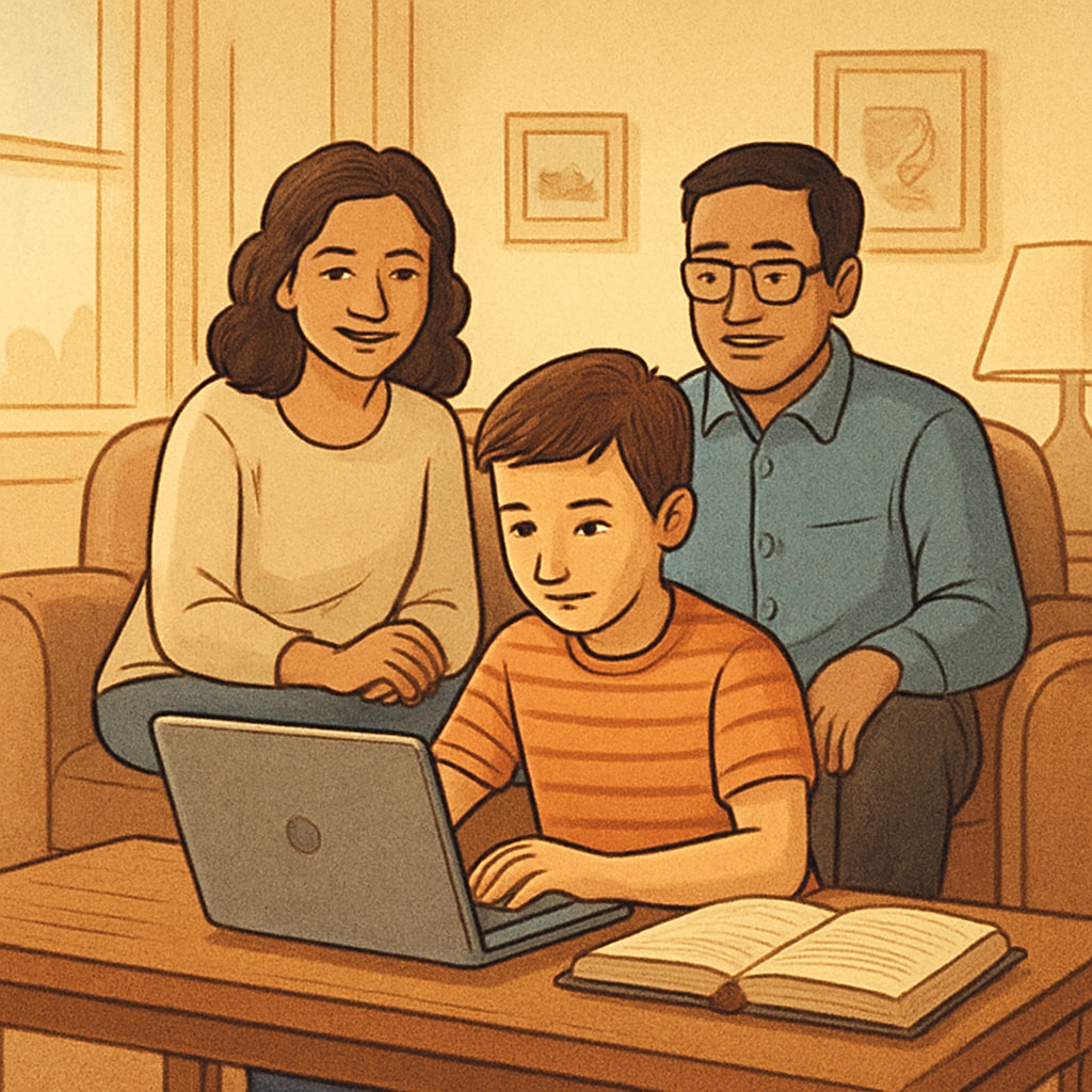 A family sitting together with a child studying on a laptop, representing flexibility in online public schooling. Family studying online, showcasing the flexibility of online public schools.