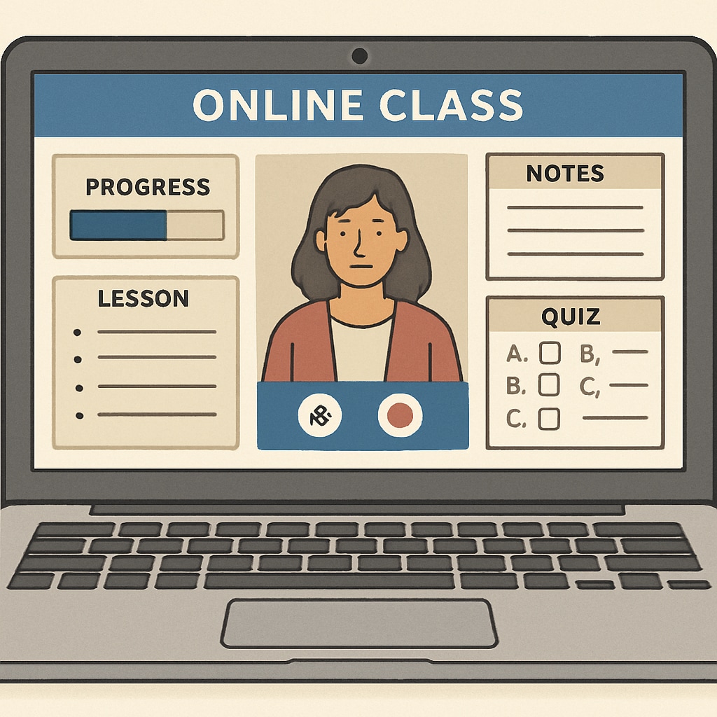 A close-up of a laptop screen displaying an interactive online class, illustrating personalized learning tools. Personalized learning tools in an online public school setup shown on a laptop screen.