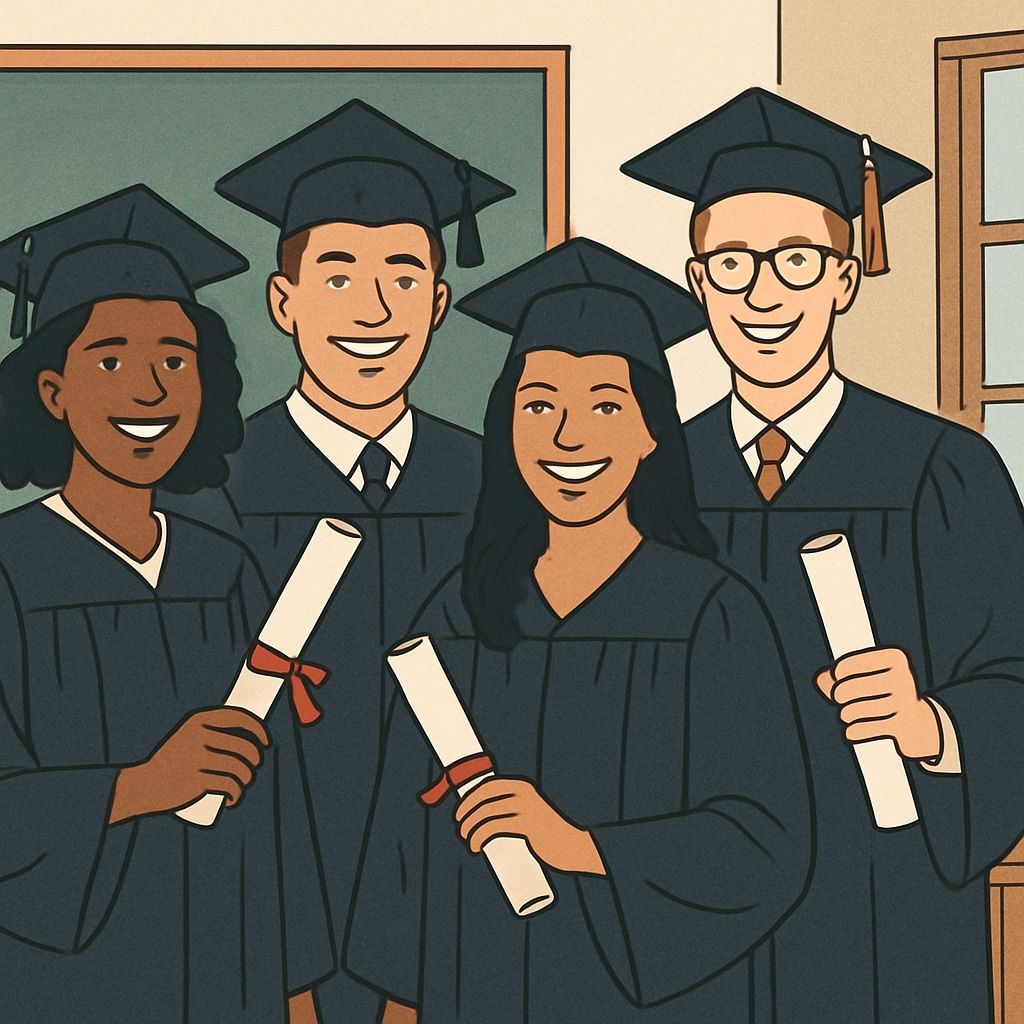 A diverse group of students celebrating graduation, symbolizing the success of completing an online diploma program. Students celebrating graduation after earning an online high school diploma.