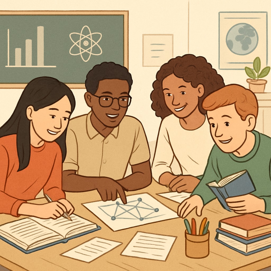 Group of students collaborating on effective learning methods in a classroom