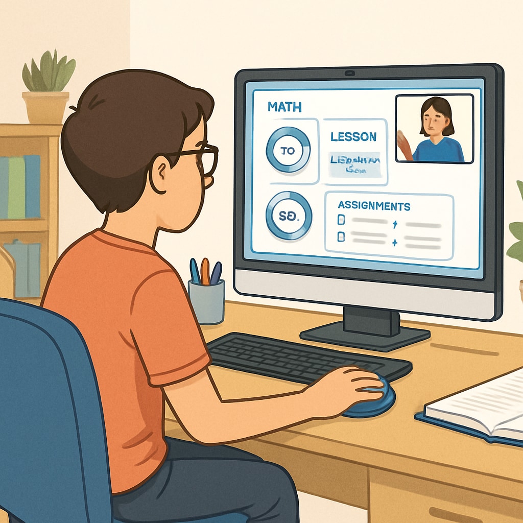 A student engaged in a virtual learning session at home, with a personalized dashboard visible on the screen. A student using an online public education platform for personalized learning.
