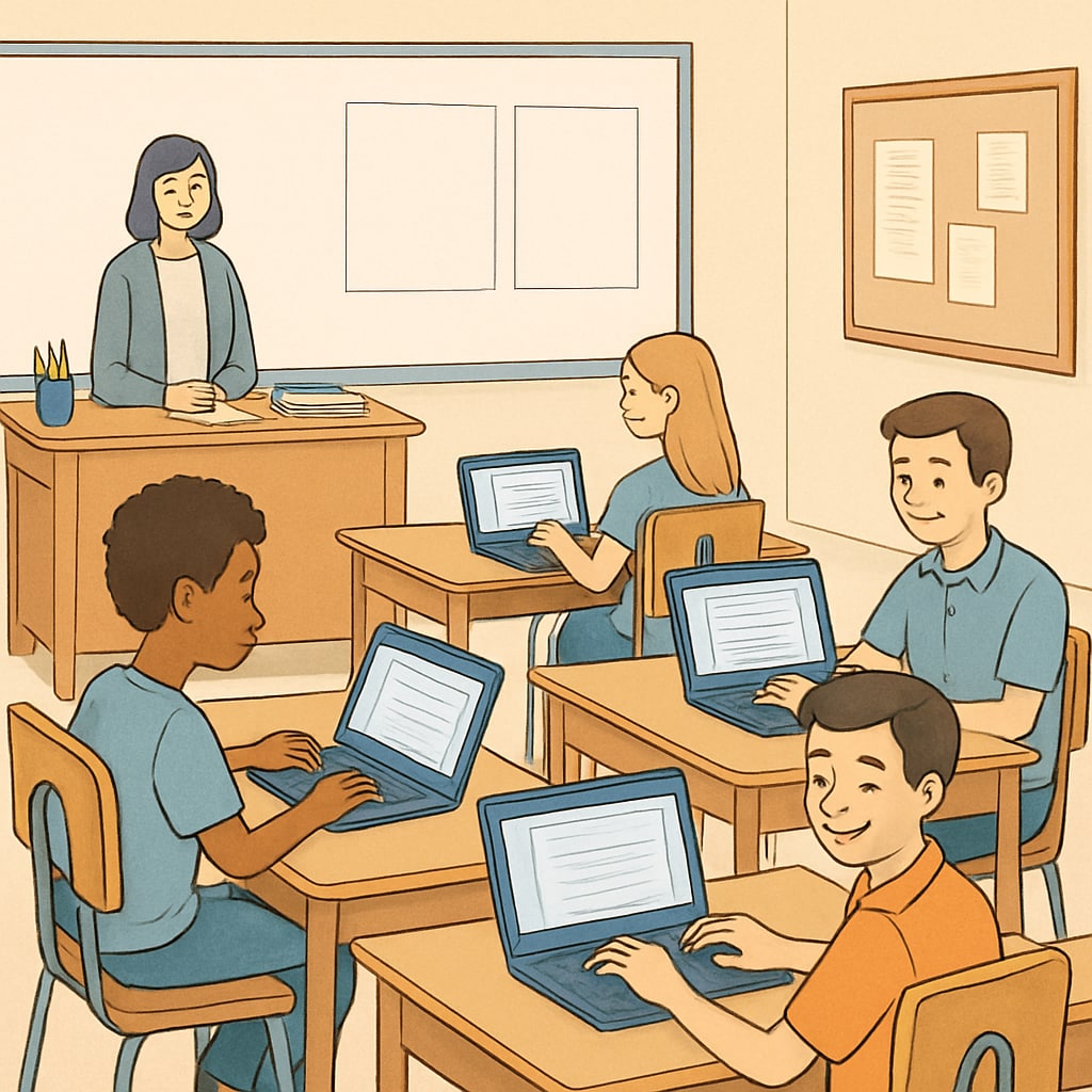 A classroom featuring students using Chromebooks to complete assignments. The image emphasizes the widespread use of technology in education. Students using Chromebooks in a classroom setting, connected to education technology.