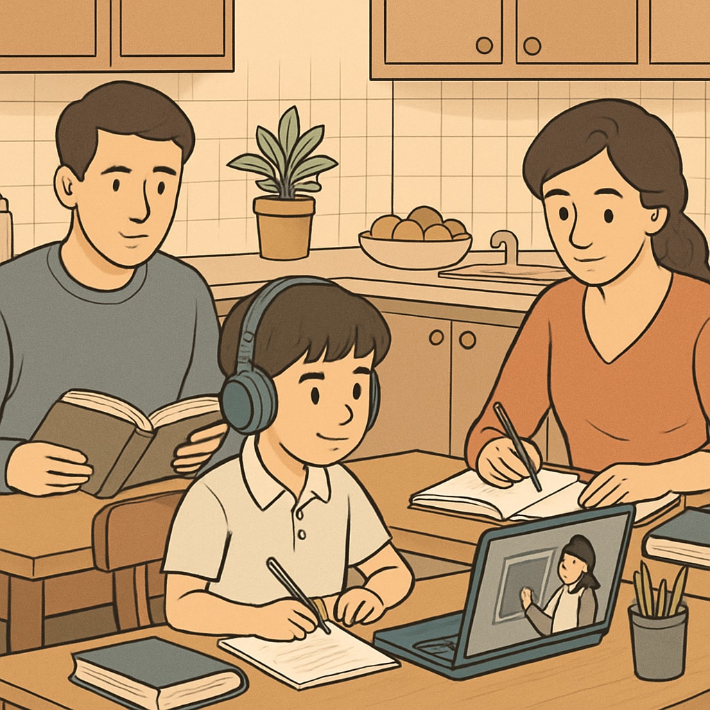 A family working together at the kitchen table, with a child attending an online class on a laptop. A family supporting a child in an online public education setting.