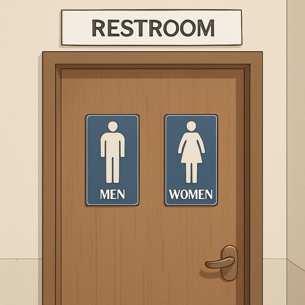 A university campus restroom door with signs indicating binary gender options, highlighting the exclusion of gender-diverse individuals. Restroom signs showing binary gender options at Brown University.