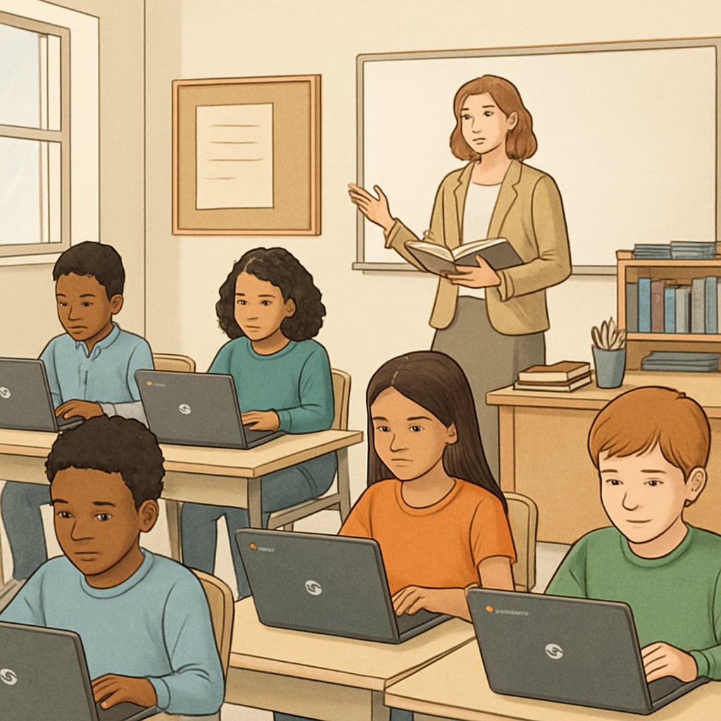 Students using Chromebooks in a classroom setting, demonstrating educational technology.