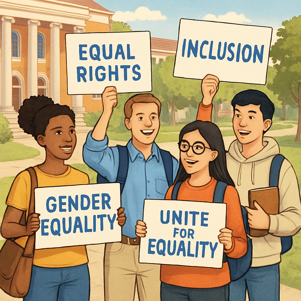 A group of students advocating for gender-inclusive policies at a university rally, holding signs promoting equality and inclusion. Students rallying for gender-inclusive policies at Brown University.