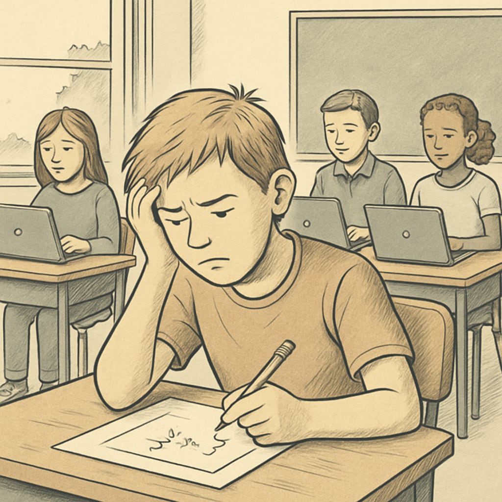 A student struggling to solve a problem on paper, contrasting with peers using Chromebooks. The image illustrates the tension between traditional problem-solving and tech-driven efficiency. A student working on a paper-based problem while others use Chromebooks, highlighting critical thinking challenges.