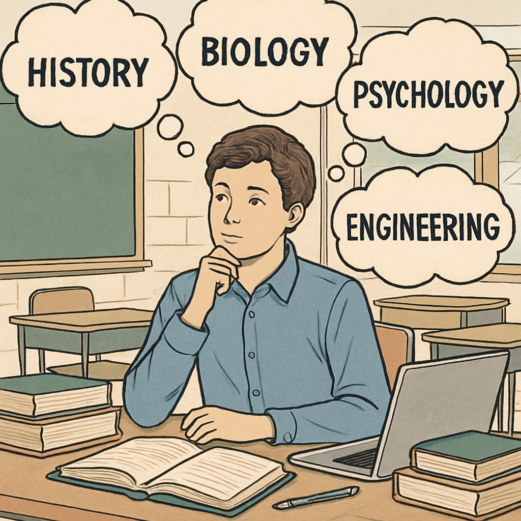 A high school student sitting at a desk, surrounded by books and a laptop, contemplating different college major options. High school student considering college major options with books and laptop.