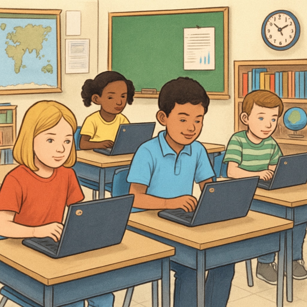Students using Chromebooks in an educational setting, showcasing tech integration.