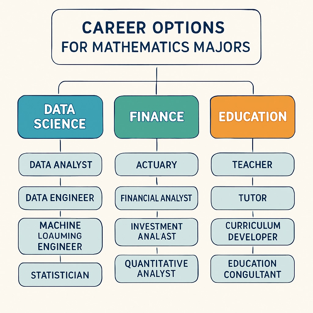 A graphic chart showing career options for mathematics majors, including data science, finance, and education. Career options for mathematics majors displayed in a graphic chart.