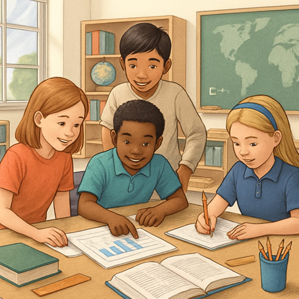 K12 students collaborating on a group project in a classroom